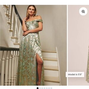 BRAND NEW Adrianne Papell Sage and gold off-the-shoulder dress. Size 14